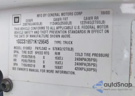 2001 Chevrolet S-10 Ls из США, поврежденный, VIN 1GCCS19571K129645